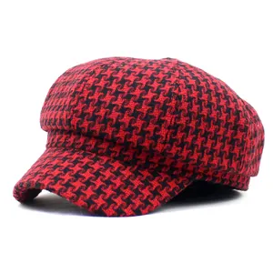 Women's Vintage Houndstooth Newsboy Cap Octagonal Hat Autumn Winter Thick Warm Beret Flat Cap Fashion Accessories