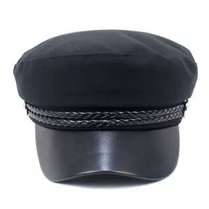 Women's black navy captain hat with woven rope detail and faux leather brim