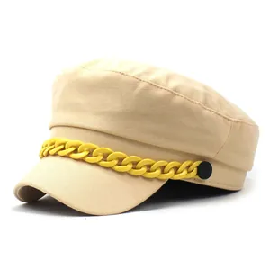 Fashion Cotton Cadet Cap With Chain Decoration For Women Autumn Winter Flat Top Navy Hat Baker Boy Cap For Daily Travel