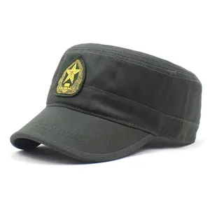 Detail of olive green flat top army cap featuring golden star embroidery and reinforced brim