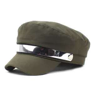 Olive green cotton flat top military cap for women with silver metallic M buckle