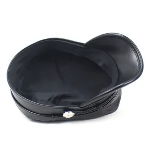 Klassische schwarze PU-Leder Militärmütze für Damen mit Kordel und silbernem Knopfdetail