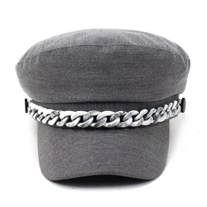 Grey Baker Boy Hat for women featuring a stylish marble-patterned chain and curved brim