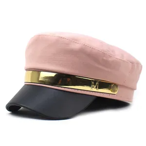 Chapeau de Marine Mode Femme Coton Patchwork Bord en Similicuir Casquette Calotte Plate Avec Décoration Métallique M Accessoires Streetwear