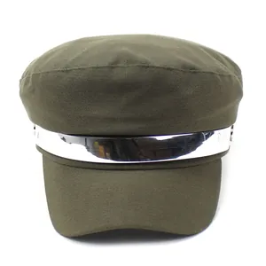 Army green flat top cadet cap for women featuring a silver metallic band with M engraving