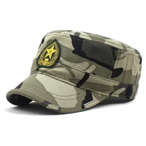 Classic camouflage flat top military cap with cotton fabric and star embroidery badge