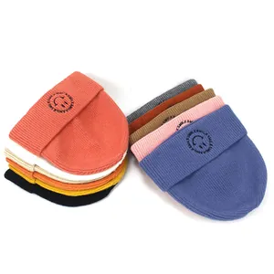 Ribbed knit beanies for women with smile embroidery in various trendy colors