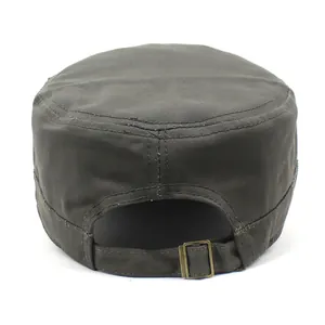 Olive green canvas flat top military cap with adjustable bronze metal back buckle