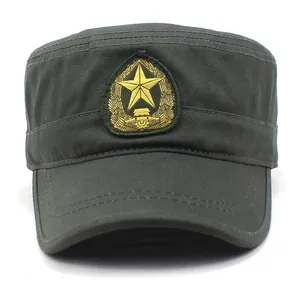 Army green cotton flat top military cap with golden star shield badge for outdoor use