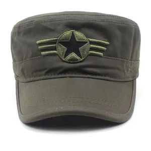 Olive green cotton military flat top cap with US Air embroidery and star patch