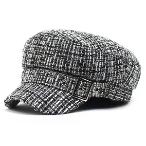 Casquette Gavroche Femme Vintage Carreaux Noir Blanc Coton Calotte Plate Chapeau Marine Avec Boucle Métal Hiver Chaud Tweed