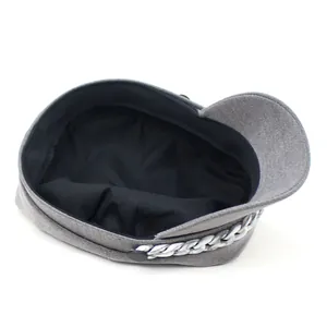 Chic grey newsboy hat for women with silver chain detail and stylish flat top crown