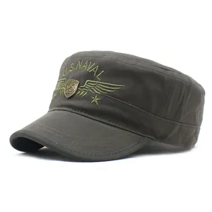 Men's embroidered military flat top cap with US Naval patch and camouflage style olive green