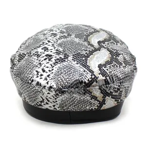 Women's fashionable snakeskin pattern PU leather flat top baker boy hat in silver and black