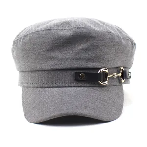 Gray navy flat top cap with black leather strap and golden horsebit metal buckle