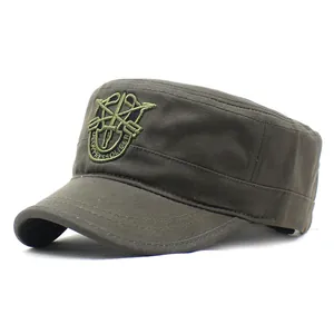 Men's army green flat top military hat with tactical embroidery and cotton fabric
