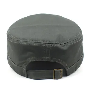 Dark green cotton flat top military cap with adjustable metal buckle for outdoor wear