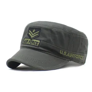 Cappello militare a testa piatta in cotone verde oliva con ricamo Air Force vintage