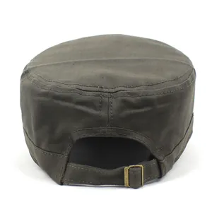 Detail view of cotton army cadet cap with adjustable bronze metal buckle at the back