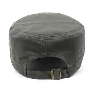 Rear view of adjustable olive green canvas military flat cap with brass metal buckle strap