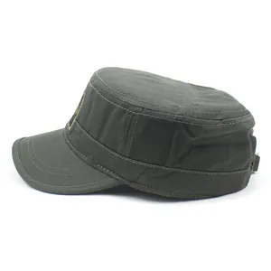 Detail of army green military cap featuring reinforced stitching and adjustable metal buckle