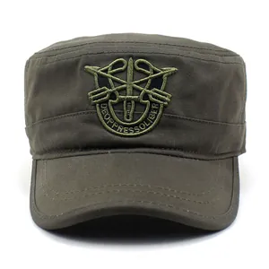 Detail view of army green military cap featuring specialized army embroidery and canvas texture