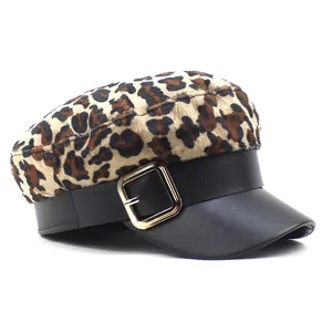 Women's leopard print baker boy hat with black PU leather brim and gold metal buckle