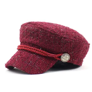 Women Vintage Tweed Newsboy Cap Plaid Baker Boy Hat With Rope Metal Button Autumn Winter Warm Navy Hat Ladies Fashion Accessory