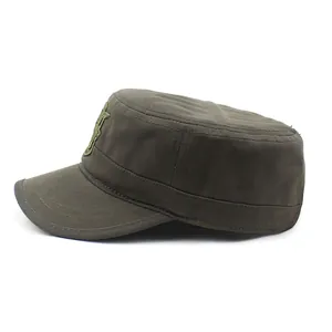 Detailed side view of military cadet hat with camouflage embroidery and cotton canvas texture
