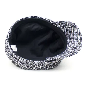 Casquette gavroche en tweed noir et blanc pour femme avec doublure en coton doux