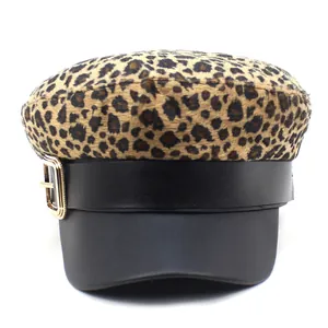 Women's leopard print baker boy hat with black PU leather brim and gold metal buckle