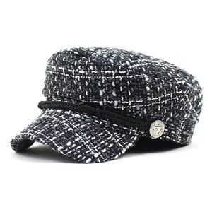 Vintage Tweed Newsboy Cap For Women British Style Baker Boy Hat With Anchor Button Decoration Autumn Winter Warm Flat Top Hat