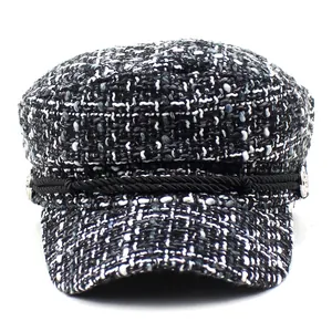 Retro plaid tweed newsboy cap for women featuring a black rope detail and thick winter fabric