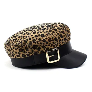 Women's leopard print newsboy cap with black PU leather brim and golden metal buckle