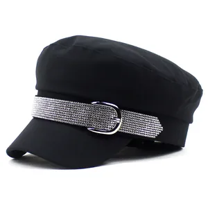 Women Fashion Rhinestone Navy Sailor Hat Cotton Polyester Flat Top Fiddler Cap With Metal Buckle For Casual Travel Outdoors