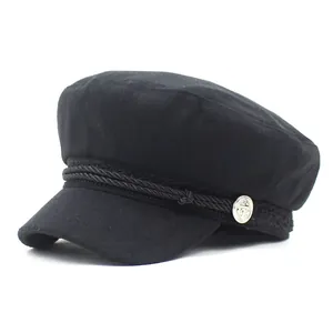 Classic black wool baker boy hat for women with braided rope and silver anchor buttons