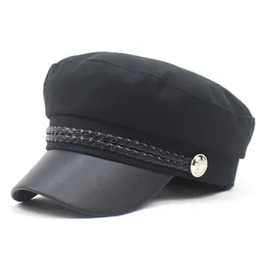 Classic black military newsboy cap with cotton crown and leather brim shown in 45-degree view