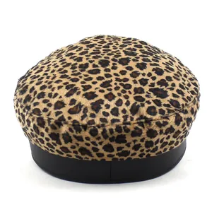 Women's leopard print newsboy hat with black PU leather brim for winter fashion