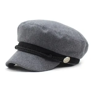 Classic grey wool felt baker boy hat with black braided rope and silver anchor button