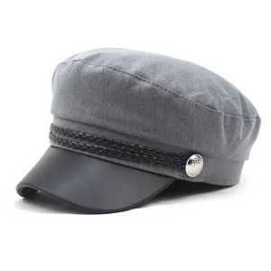 Women's dark gray cotton flat top military hat with black leather brim and silver button