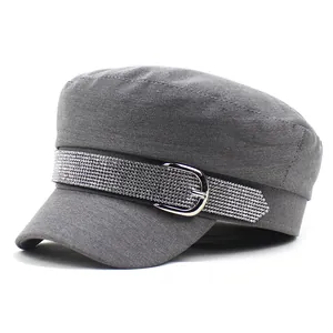 Gray flat top military hat for women featuring rhinestone strap and metal belt buckle