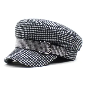 Houndstooth newsboy cap for women with rhinestone buckle and classic plaid pattern