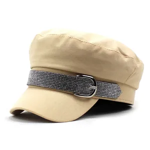 Stylish khaki navy cap for women with rhinestone belt buckle and flat top design