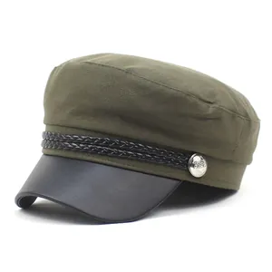 Army green cotton military hat with black leather brim and decorative braided rope