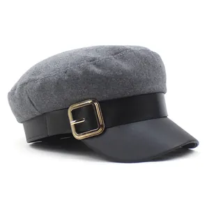 Dames Retro Newsboy Cap Wolmix Vlakke Militair Petje Met Metalen Gesp Contrast PU-Lederen Rand Baker Boy Hat