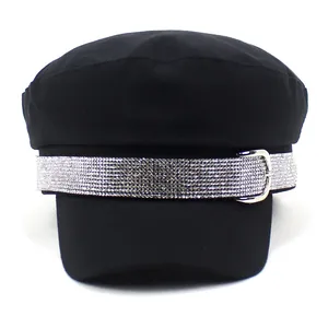 Fashionable black flat top navy cap with sparkling rhinestone band and silver buckle accents