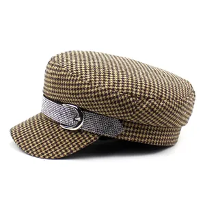Classic houndstooth baker boy hat with sparkling rhinestone buckle belt decoration