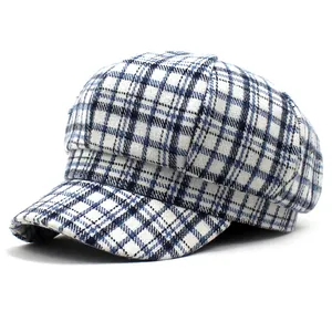 British style vintage plaid newsboy cap with stiff curved brim and retro check pattern