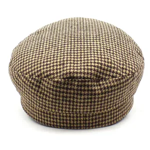 Classic brown houndstooth newsboy hat with rhinestone metal buckle for women