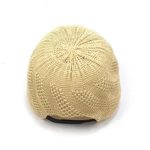 Beige knitted straw baseball cap with breathable hollow mesh pattern for summer sun protection